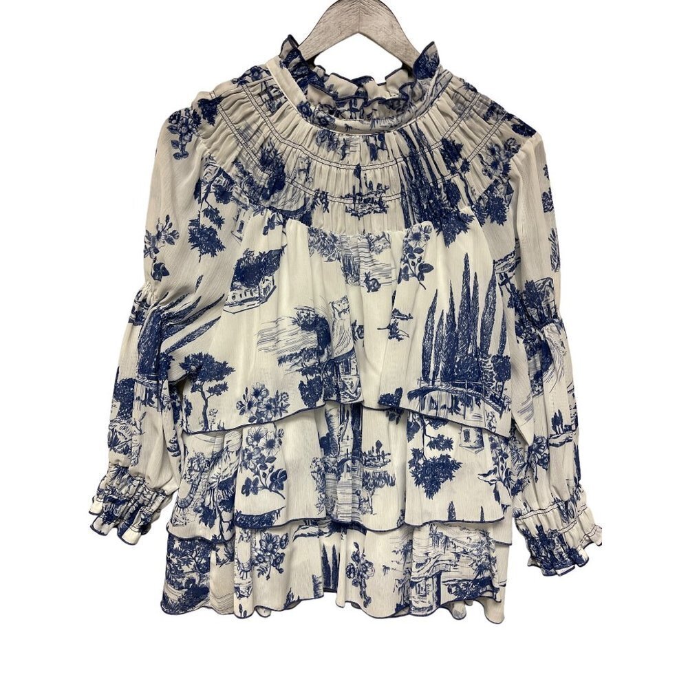 John Mark Blue White Ruffle Tiered Smock High Neck Blouse Women's Large